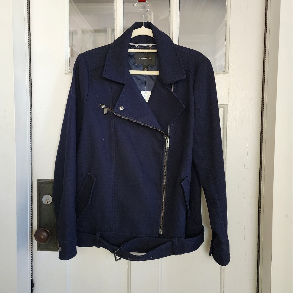 Banana Republic Navy Biker Moto Jacket, Sz M - Picture 2 of 12